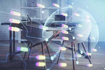 Multi exposure of world map drawing and office interior background. Concept of international network.