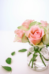 Close up bouquet of pink spring roses in glass vase on white.