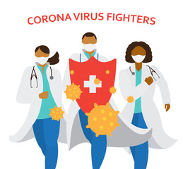 Doctors in masks and uniform holding big shield fighting corona virus. Different races medecine workers running. Vector illustration.