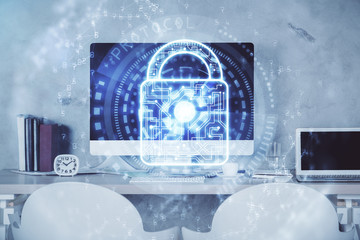 Multi exposure of lock drawing and office interior background. Concept of data security.