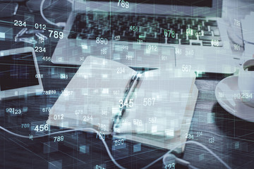 Multi exposure of data theme drawings and desk with open notebook background. Concept of education