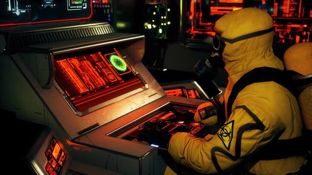 A scientist in a bacteriological protection suit is working at a computer. A man in a yellow protective suit and gas mask. Looping 3D animation.
