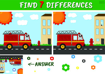 Exercises for young children "Find 7 differences". Educational game for preschool with Fire Engine. Vector illustration