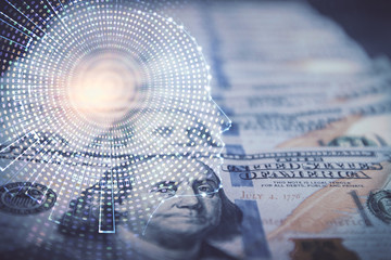 Double exposure of brain drawing over us dollars bill background. Technology concept.