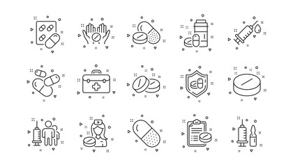 Healthcare, Prescription and Pill signs. Medical drugs line icons. Pharmacy drugs, recipe pill icons. Antibiotic capsule, syringe vaccination. Linear set. Geometric elements. Quality signs set. Vector