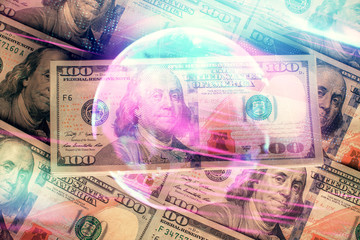 Double exposure of tech theme drawing over usa dollars bill background. Concept of technology.