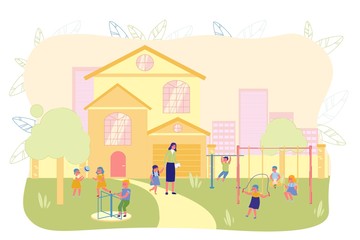 Obraz na płótnie Canvas Children Play Outside in Front Kindergarten Yard.