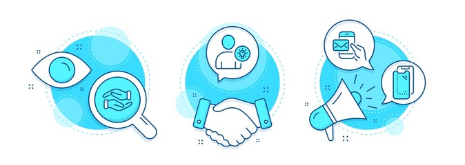Messenger mail, Helping hand and Smartphone glass line icons set. Handshake deal, research and promotion complex icons. User idea sign. New e-mail, Charity palm, Phone protect. Light bulb. Vector