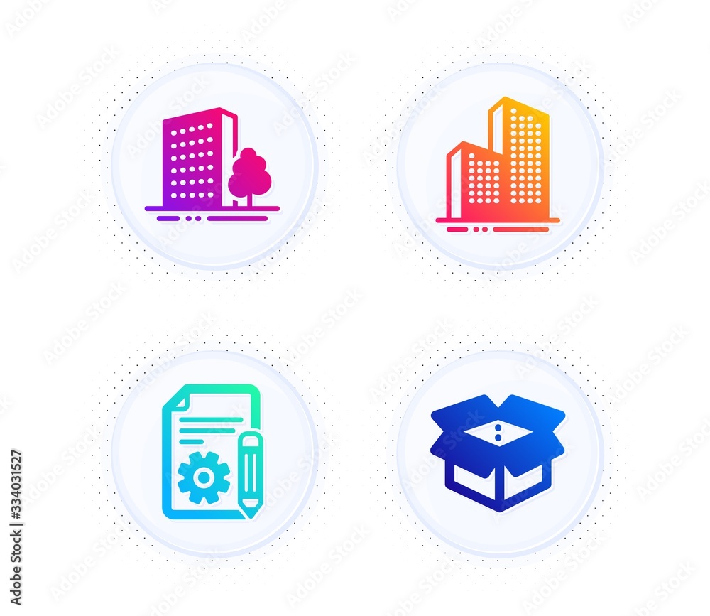 Poster skyscraper buildings, documentation and buildings icons simple set. button with halftone dots. open 