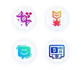 Smile face, Winner medal and Chemistry dna icons simple set. Button with halftone dots. Bitcoin atm sign. Chat, Ranking star, Chemical formula. Cryptocurrency change. Technology set. Vector