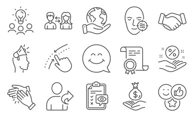 Set of People icons, such as Brand ambassador, Eye checklist. Diploma, ideas, save planet. Smile face, Income money, Like. Problem skin, Handshake, Refer friend. Vector
