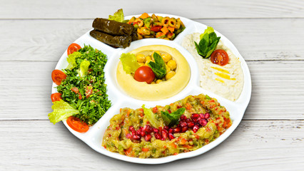 Arabic food of Hommos, Labneh,Fattoush, & Dates served during Ramdan