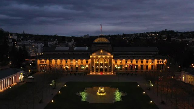 Wiesbaden Kurhaus Palace Aerial flyover at night