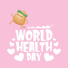 World health care day vector illustration with cartoon funky potato character running or jogging outdoor. Cute sporty healthy vegetable character making cardio sport exercise. Fitness cardio concept