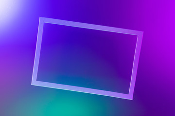 neon light, frame trend 2020 color Aqua menthe classic blue, Flat lay top view copy space