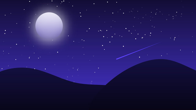 A Night Landscape with a Full Moon and a Starry Sky and Hills