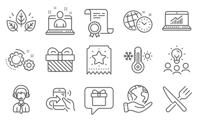 Set of Business icons, such as Organic tested, Share call. Diploma, ideas, save planet. Loyalty ticket, Shipping support, Gears. Time management, Thermometer, Best manager. Vector