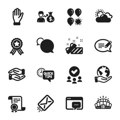 Set of Business icons, such as Helping hand, Seo message. Certificate, approved group, save planet. Quick tips, E-mail, Sunny weather. Message, Present, Messenger. Vector