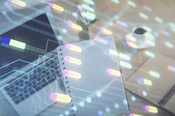 Multi exposure of woman hands working on computer and data theme hologram drawing. Tech concept.