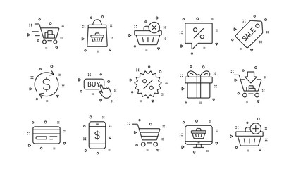 Gift, Present and Sale discount. Shopping bag line icons. Delivery linear icon set. Geometric elements. Quality signs set. Vector