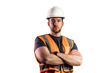 Construction Worker with Arms Crossed Looking Ahead - obrazy, fototapety, plakaty