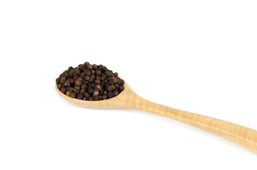 Black peppercorns (Black pepper) in wooden spoon isolated on white background.