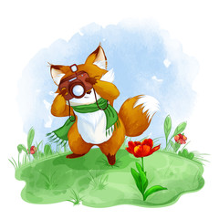 Cute fox takes pictures of a red tulip. Spring children`s vector illustration with watercolor texture.
