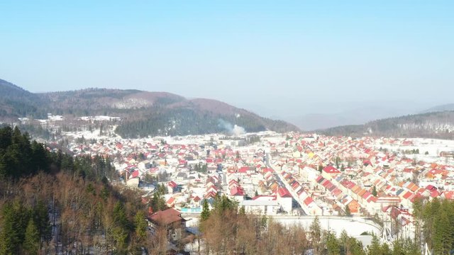 Croatia, panoramic view of the town of Delnice in Gorski kotar, drone aerial in winter
