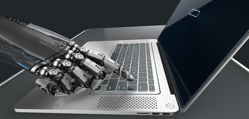 Robot arm mechanical fingers working with silver laptop, technology concept 3d render