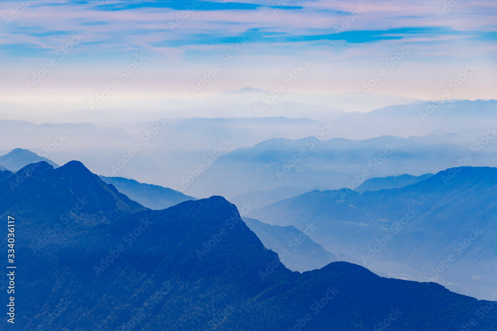 Poster foggy julian alps and soca valley.