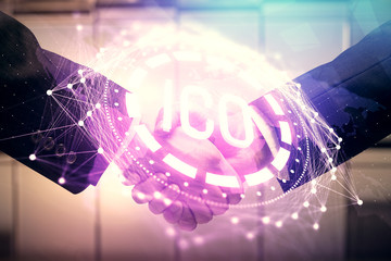 Double exposure of blockchain hologram and handshake of two men. Crypto business concept.