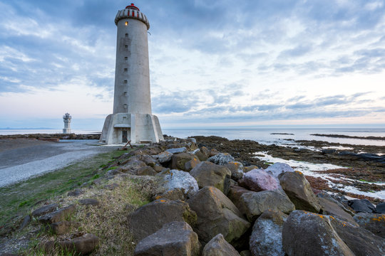 Akranes lighthouse in Borgarnes in Iceland near Reykjavik during sunset hours. Scenery and architecture concept.
