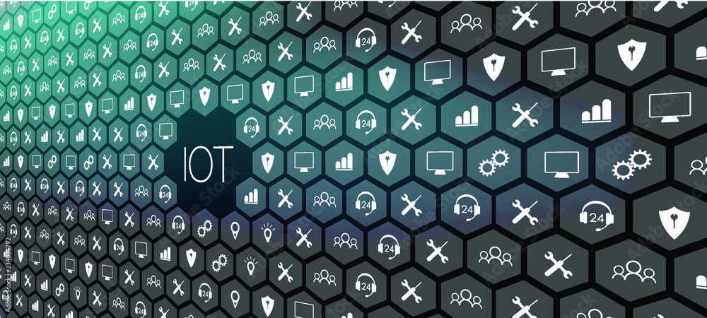 Poster internet of things (iot) and networking concept for connected devices. digital circuit board above t