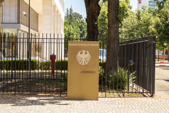 Karlsruhe, Germany - July 4, 2019: Sign at the entrance to The Federal Court of Justice in Karlsruhe, Germany - Bundesgerichtshof - BGH - is the highest court in Germany