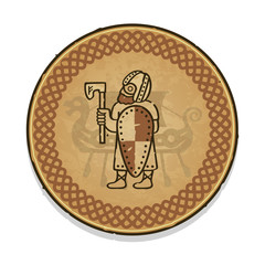 Vector design of a viking ornament with a warrior and a ship on a round parchment background with a frame isolated on a white background. Can represent history, Scandinavia, Norse mythology, explorati