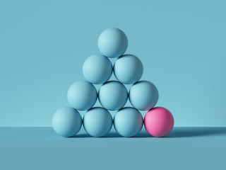 3d render, pyramid of balls isolated on blue background. Billiards game. Primitive geometric shapes. One of a kind metaphor. Modern minimal design