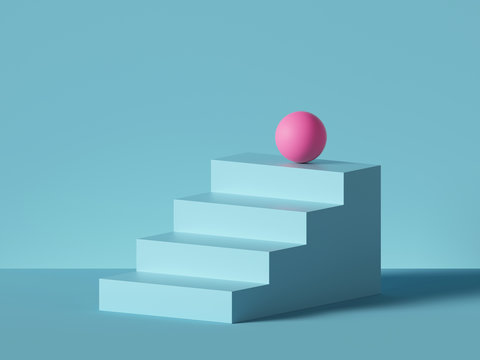 3d render, abstract minimal background. Pink ball placed on blue steps, isolated stairs. Career metaphor. Pedestal, podium. Architectural element, primitive shape. Product showcase, shop display