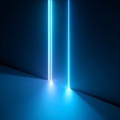 3d render, abstract neon background, blue vivid light. Glowing vertical lines. Room entrance, arch, open door, gate, portal. Modern minimal concept. Classic blue - color of the year 2020
