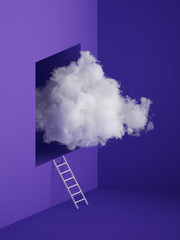 3d render, white fluffy cloud flying out the window, ladder, stairs, hole inside the wall. Minimal room interior. Objects isolated on violet blue background, modern design, abstract metaphor.