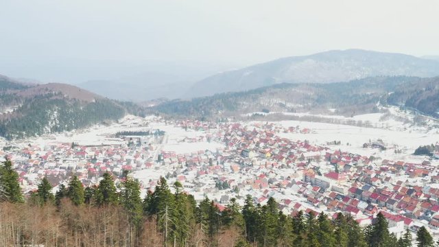 Croatia, town of Delnice in Gorski kotar, drone aerial view in winter
