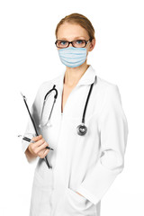 Fototapeta premium Female doctor with stethoscope in a protection mask