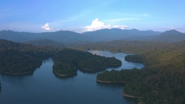 4k Dramatic and Scenic Aerial View of Klang Date Dam near Bukit Tabur Quartz Ridge with Mountain Background, Kuala Lumpur. Push in Shot