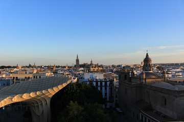 Fototapeta na wymiar Seville city view at sundown from top of the Metropol Parasol (Setas de Sevilla) building.