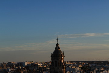 Fototapeta premium Seville city view at sundown from top of the Metropol Parasol (Setas de Sevilla) building.