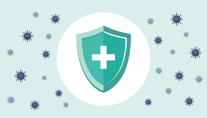 Shield with a medical cross that protects against germs, virus, and bacteria. Hygiene, vaccination, quarantine, medical care.