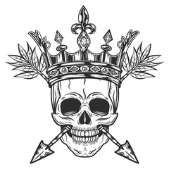 Skull with crown and arrows. Prince with corona in monochrome style. Isolated on white background
