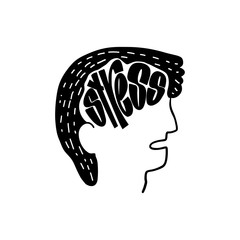 Hand drawn hatching lettering word stress. Vector conceptual illustration with doodle elements