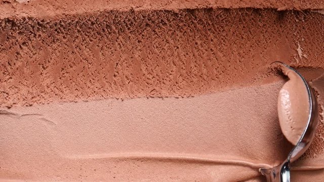 Spoon Ice cream texture flavour chocolate, Closeup Top view Food concept.