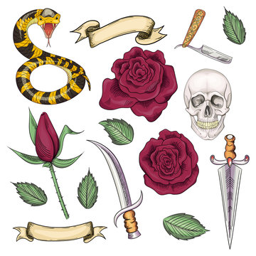 Set of elements for tattoos or stickers, prints in the old school style