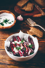 Oven baked beet fries with yogurt and dill dressing